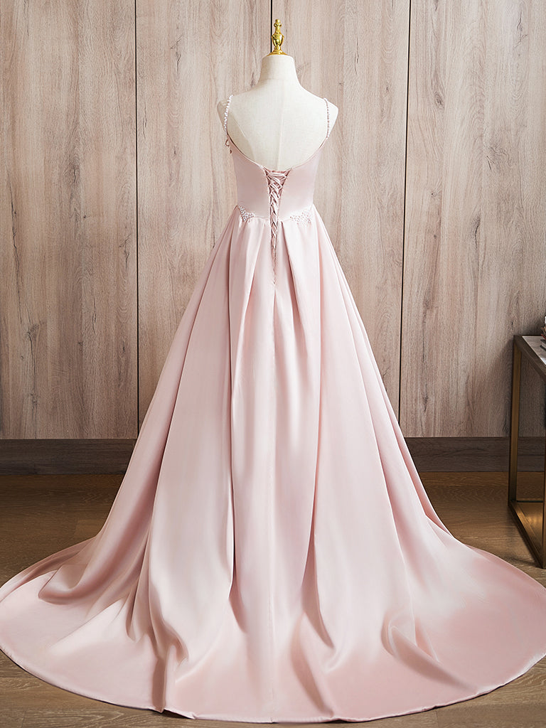 A-Line Beads Satin Pink Long Prom Dress, Pink Long Formal Dress US 8 / Custom Color A-Line Beads Satin Pink Long Prom Dress, Pink Long Formal Dress US 8 / Custom Color