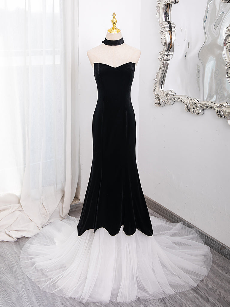 Mermaid Velvet Tulle Black Long Prom Dress, Black Long Formal Dress