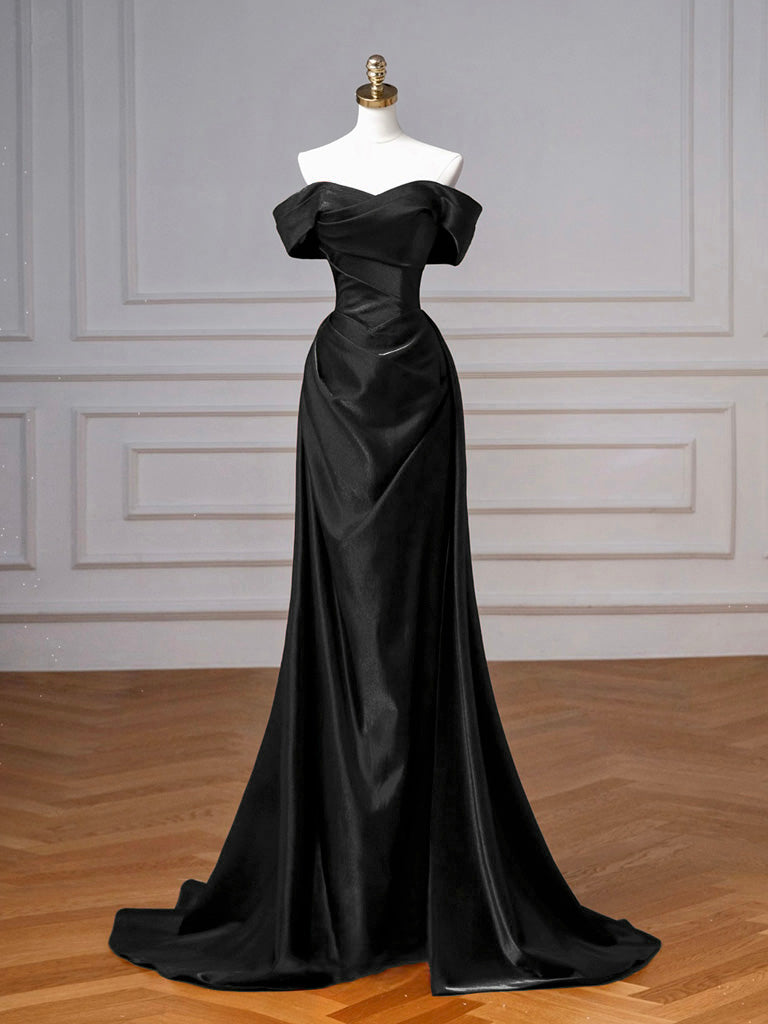 Simple Off Shoulder Satin Dark Blue Long Prom Dress, Dark Blue Long Formal Dress