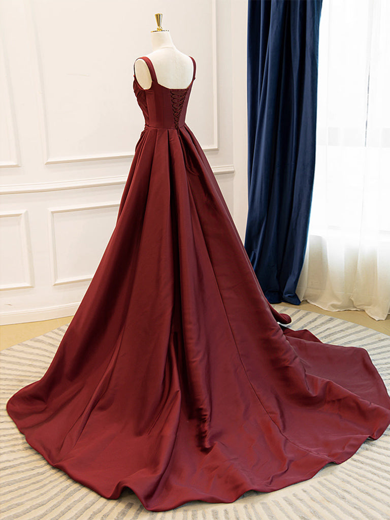 A-Line Satin Burgundy Long Prom Dress, Burgundy Long Evening Dress