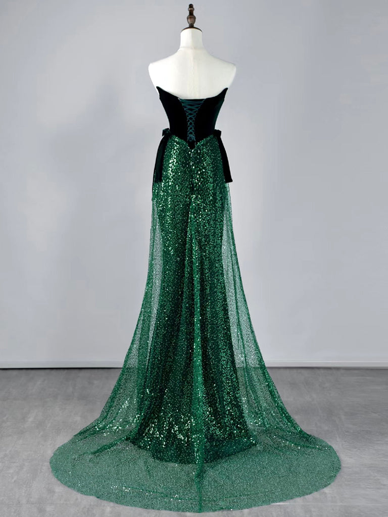 Mermaid Tulle Velvet Green Long Prom Dress, Green Long Formal Dress