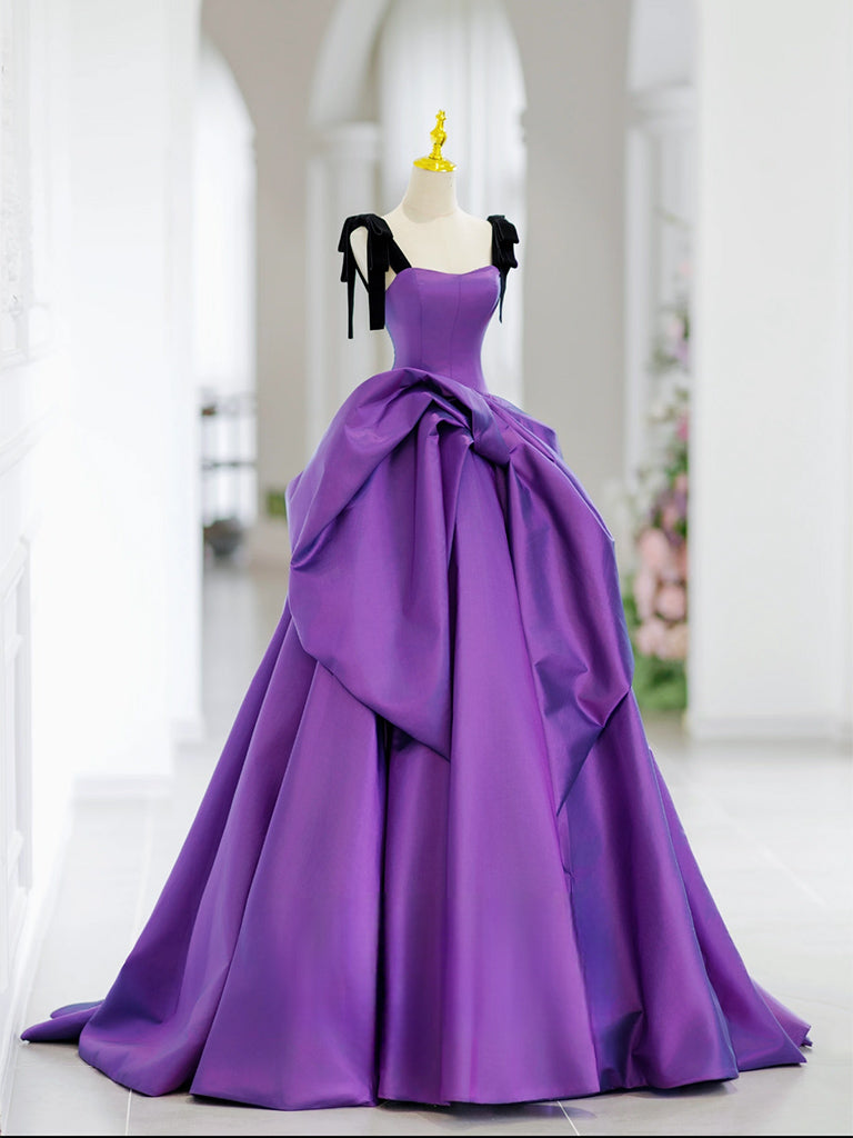 A-Line Sweetheart Neck Satin Purple Long Prom Dress, Purple Long Formal Dress