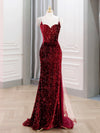Simple Mermaid Sequin Burgundy Long Prom Dress, Burgundy Evening Dress