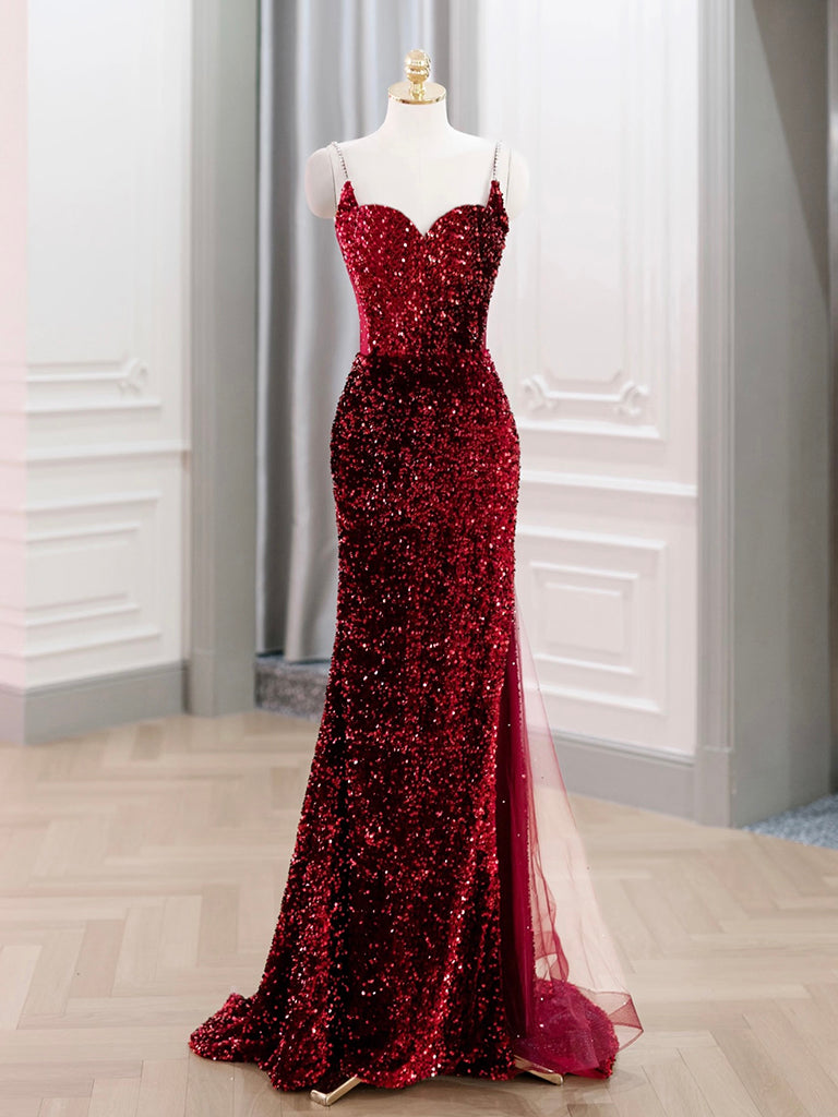 Simple Mermaid Sequin Burgundy Long Prom Dress, Burgundy Evening Dress