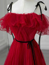 A-Line Tulle Burgundy Long Prom Dress, Burgundy Long Formal Dress