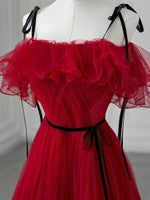 A-Line Tulle Burgundy Long Prom Dress, Burgundy Long Formal Dress