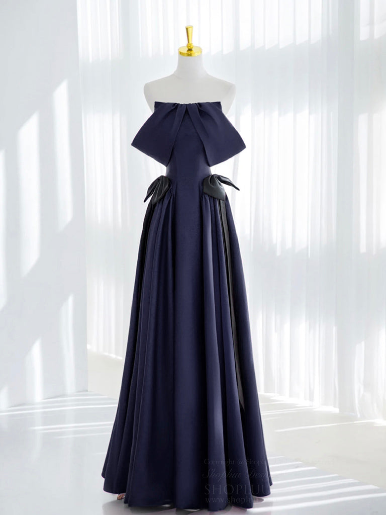 A-Line Satin Dark Blue Long Prom Dress, Dark Blue Long Formal Dress