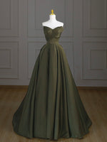 A-Line V Neck Satin Green Long Prom Dress, Green Long Formal Dress