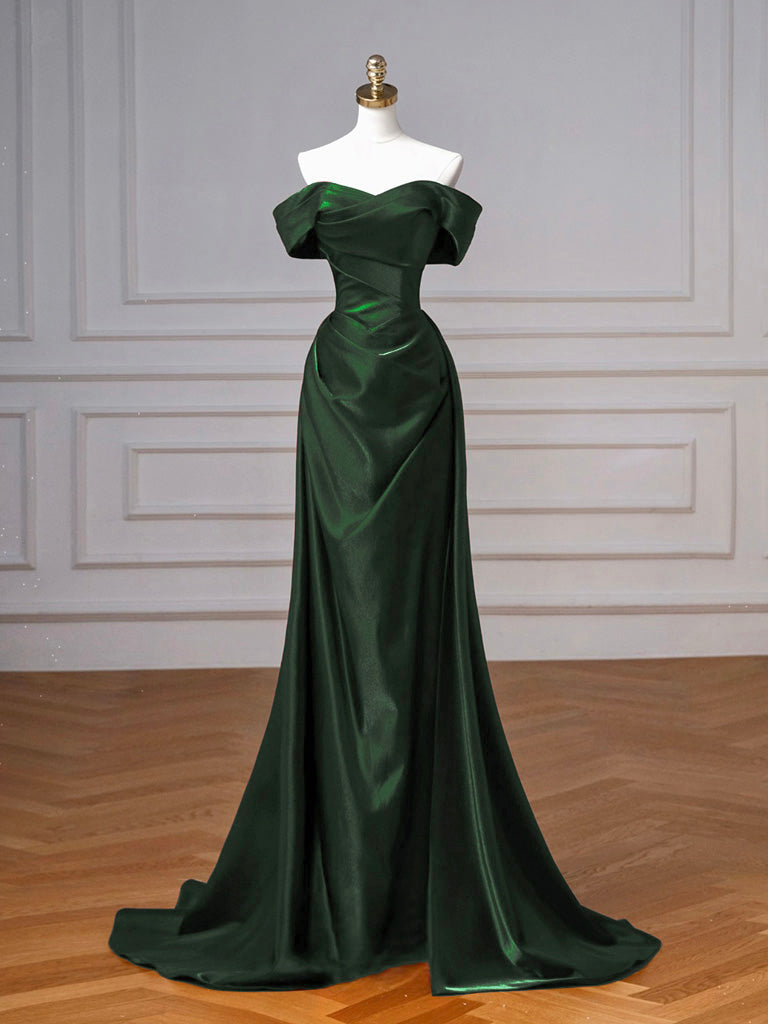 Simple Off Shoulder Satin Dark Blue Long Prom Dress, Dark Blue Long Formal Dress