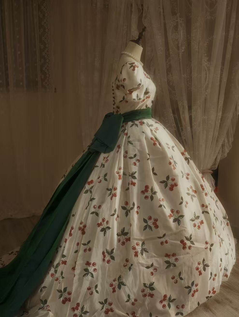 Ball Gown A-line Satin Retro White Long Prom Dress with Green Belt