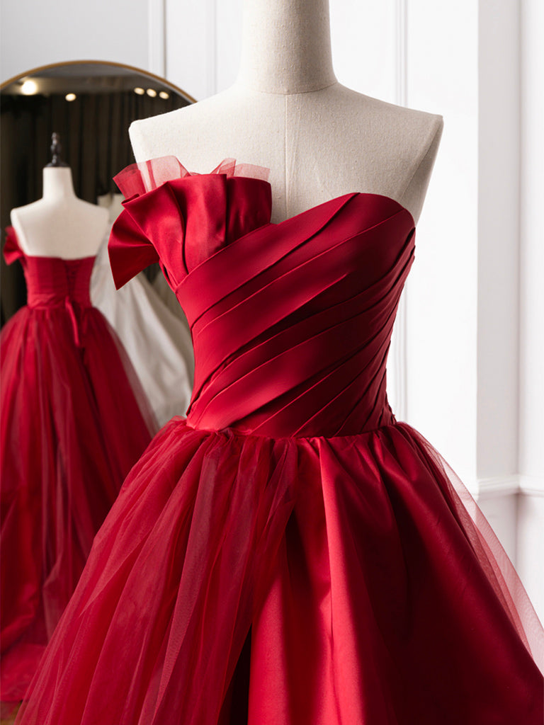 Burgundy Long Prom Dresses, Burgundy Satin Formal Long Evening Dress
