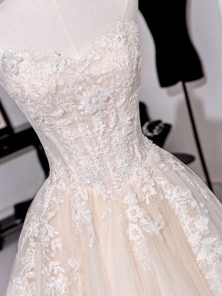 A-Line Tulle Lace Champagne Long Prom Dress, Champagne Long Formal Dress