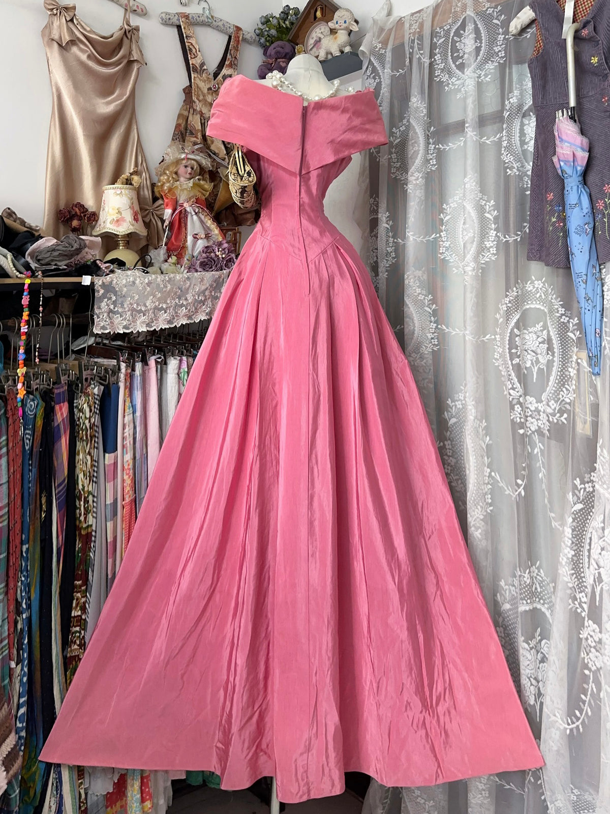 A-Line Off Shoulder Floor Length Satin Pink Long Prom Dress