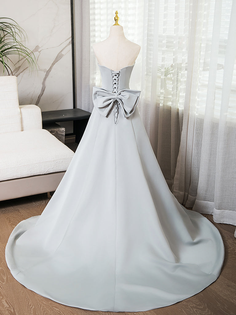 A-Line Sweetheart Neck Satin Gray Long Prom Dress, Gray Long Formal Dress