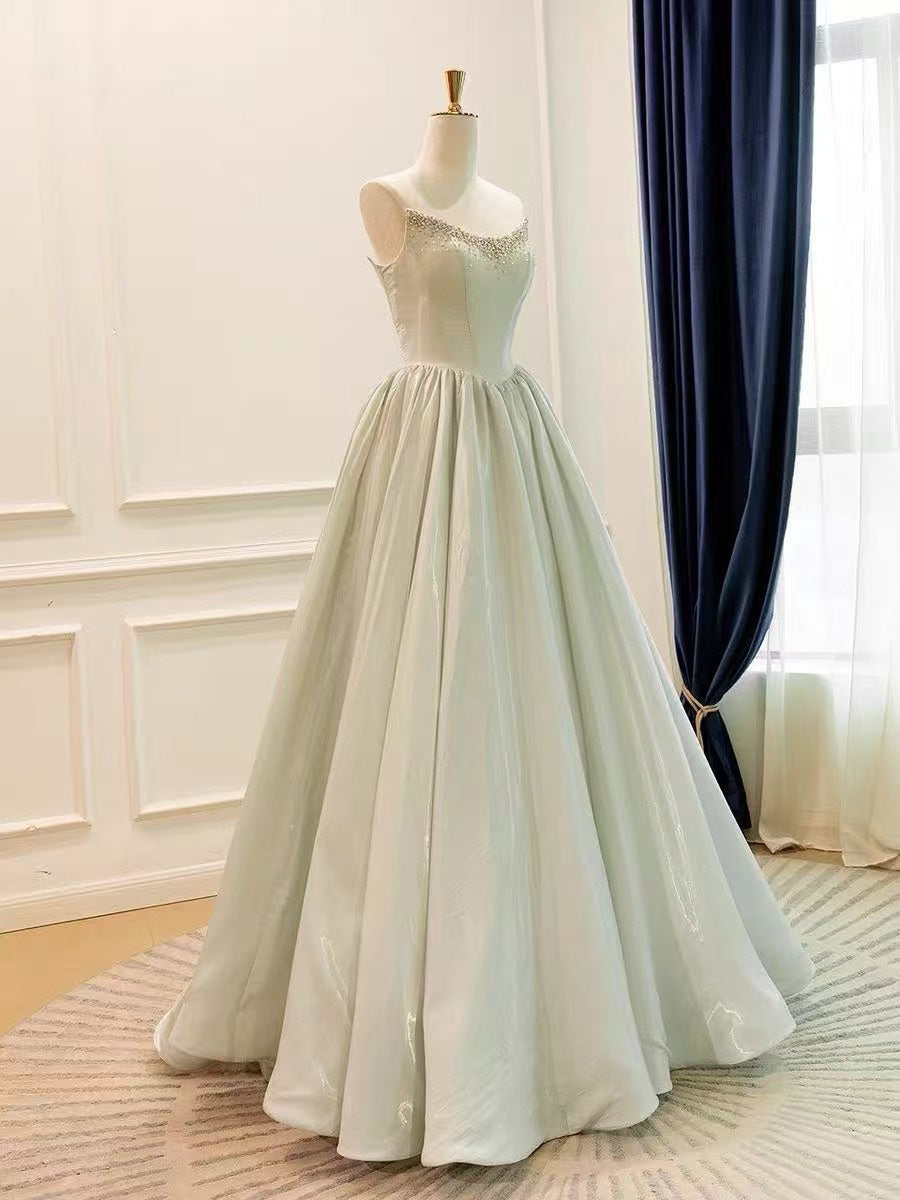 A-line V Neck Satin Beads Light Green Long Prom Dress