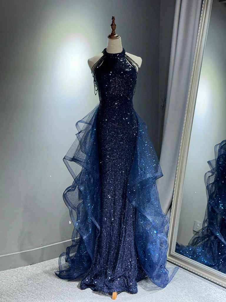 A-Line Tulle Sequin Dark Blue Long Prom Dress, Dark Blue Long Formal Dress US 10 / Green