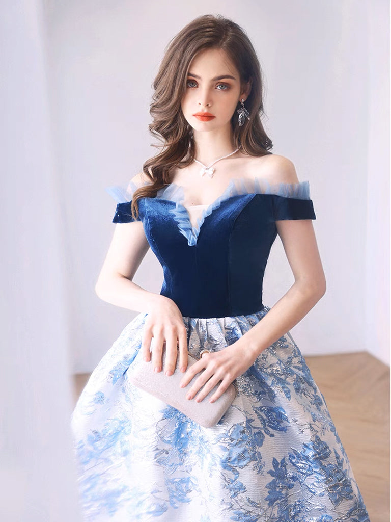 Blue Satin Velvet Long Prom Dress, Blue Long Evening Dress