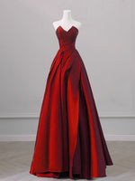 A-Line V Neck Satin Burgundy Long Prom Dress, Burgundy Long Formal Dress