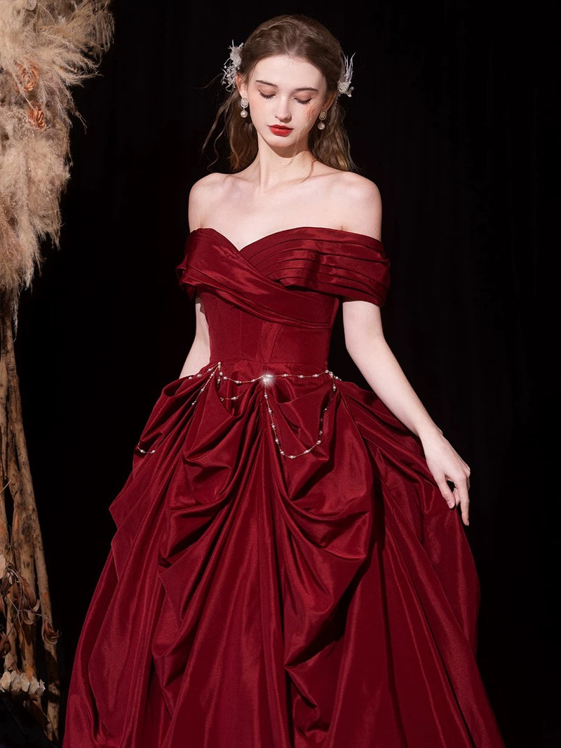 Burgundy Satin Off the Shoulder Floor Length Prom Dress, Beautiful A-Line Evening Dress US 16 / Burgundy Burgundy Satin Off the Shoulder Floor Length Prom Dress, Beautiful A-Line Evening Dress US 16 / Burgundy