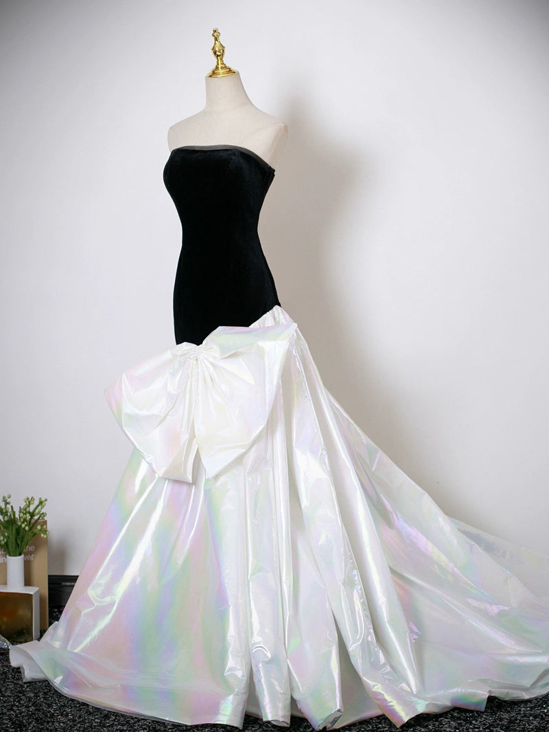 Mermaid White/Black Velvet Long Prom Dress, White/Black Long Evening Dress