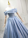 A-line Off Shoulder Satin Blue Long Prom Dress, Blue Long Formal Dress