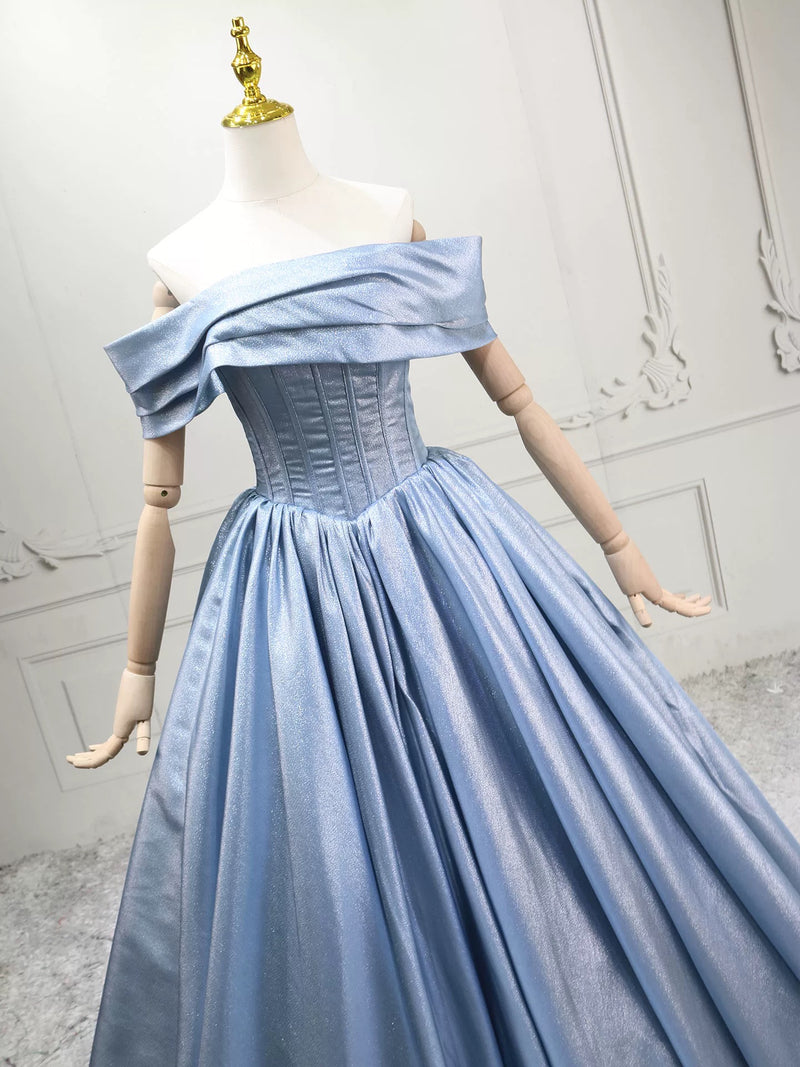 A-line Off Shoulder Satin Blue Long Prom Dress, Blue Long Formal Dress