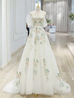 A-Line Off Shoulder ivory Tulle Lace Applique Long Prom Dress, ivory Formal Dress