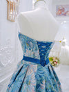 Unique A-Line Flower Satin Blue Long Prom Dress, Blue Long Formal Dress