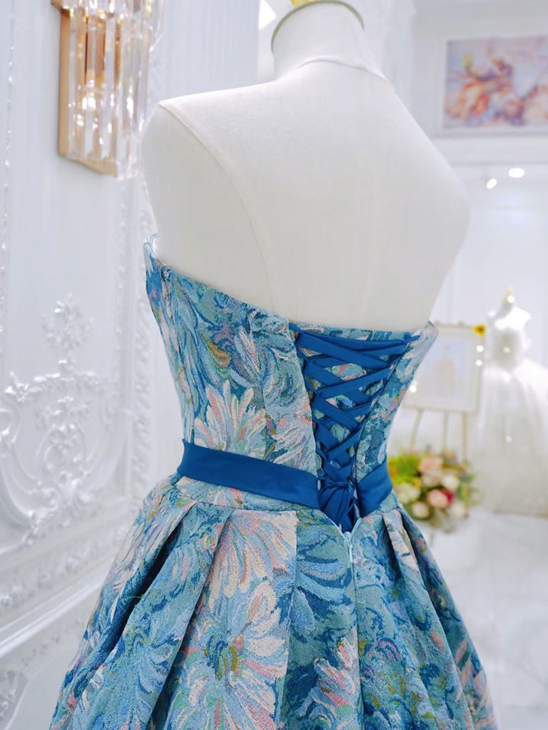 A-Line Flower Satin Blue Long Prom Dress, Blue Long Formal Dress US 16 / Blue A-Line Flower Satin Blue Long Prom Dress, Blue Long Formal Dress US 16 / Blue