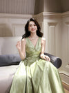 A-Line V Neck Tea Length Green Prom Dress, Green Long Party Dress