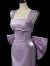 Simple Satin Purple Long Prom Dress, Purple Long Formal Dress with bow tie