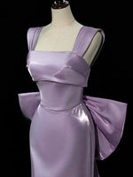 Simple Satin Purple Long Prom Dress, Purple Long Formal Dress with bow tie