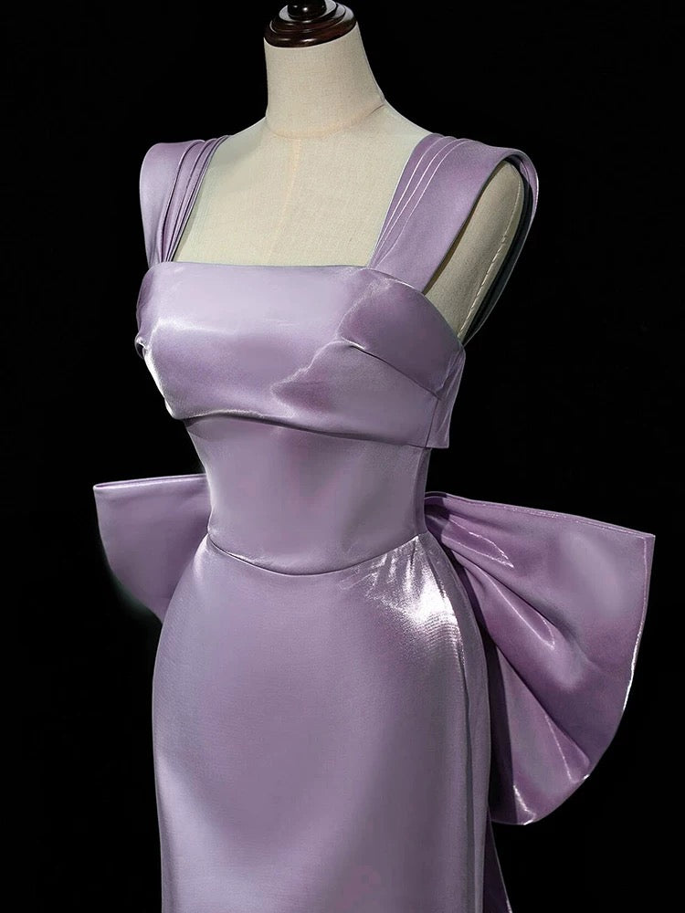 Simple Satin Purple Long Prom Dress, Purple Long Formal Dress with bow tie