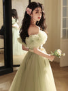 A-Line Off Shoulder Tulle Green Long Prom Dress, Green Long Formal Dress