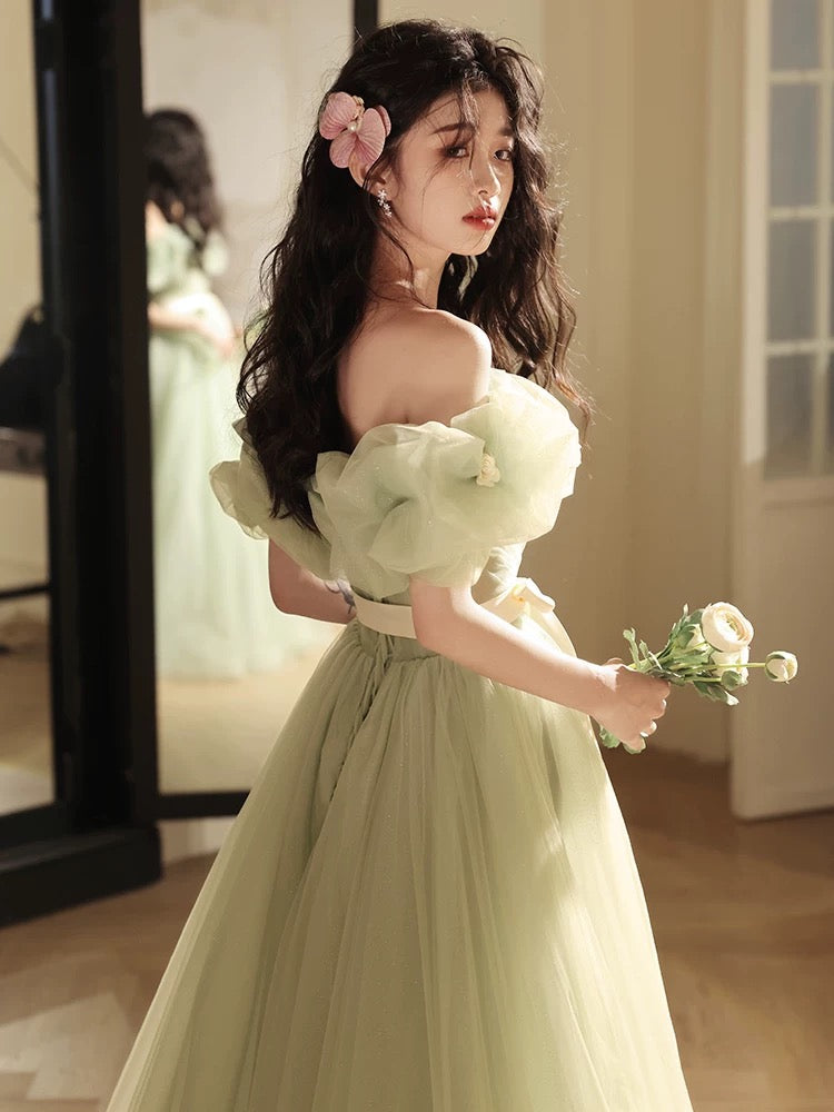 Green Tulle Floor Length Prom Dress, Beautiful Off the Shoulder Evening Party Dress US 4 / Light Green Green Tulle Floor Length Prom Dress, Beautiful Off the Shoulder Evening Party Dress US 4 / Light Green