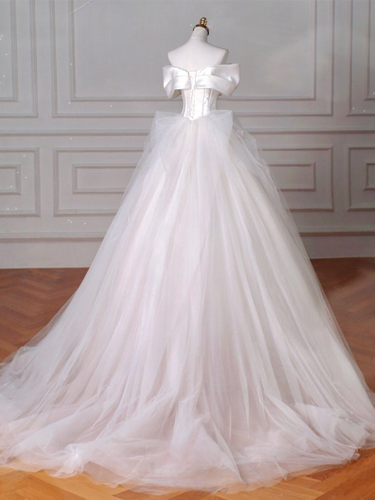 A-Line Off Shoulder Tulle Beige Long Prom Dress, Beige Tulle Long Formal Dress