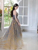 A-Line Tulle Gold/Blue Long Prom Dress, Blue Formal Evening Dress