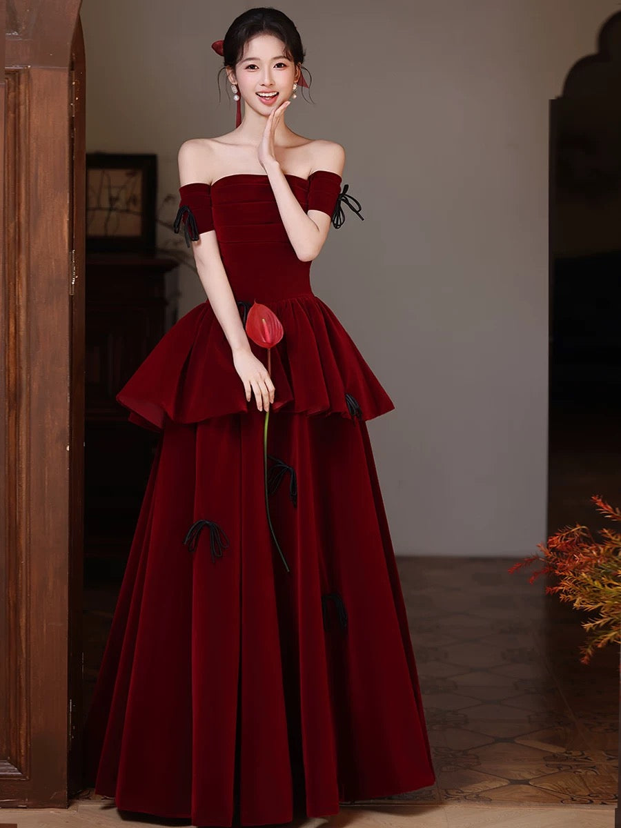 Off Shoulder A-Line Velvet Floor Length Burgundy Prom Dress