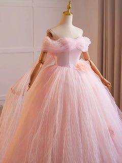 A-Line Off Shoulder Tulle Pink Long Prom Dress, Pink Tulle Long Sweet 16 Dress