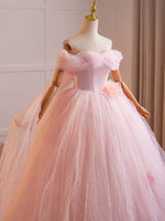 A-Line Off Shoulder Tulle Pink Long Prom Dress, Pink Tulle Long Sweet 16 Dress