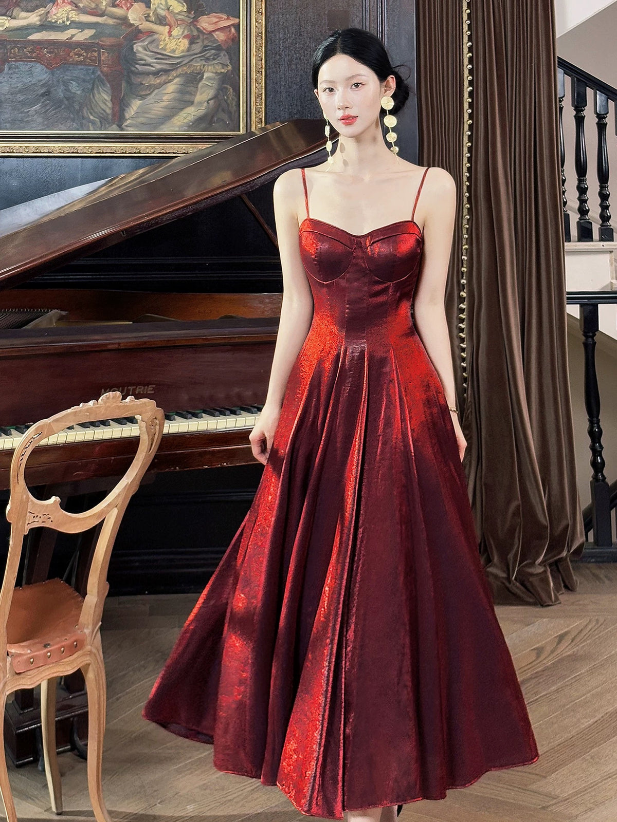 A-Line Sweetheart Neck Tea-Length Burgundy Prom Dress, Burgundy Formal Dress