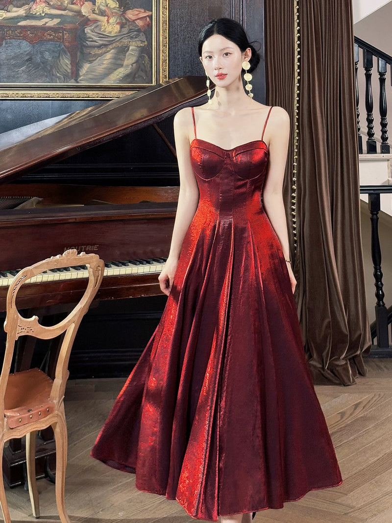 A-Line Sweetheart Neck Tea-Length Burgundy Prom Dress, Burgundy Formal Dress