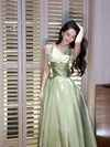 A-Line V Neck Tea Length Green Prom Dress, Green Long Party Dress