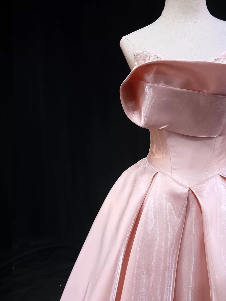 A-Line Satin Pink Long Prom Dress, Pink Long Evening Dress
