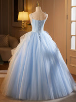 A-Line Tulle Lace Blue Long Prom Dress, Blue Long Formal Dress