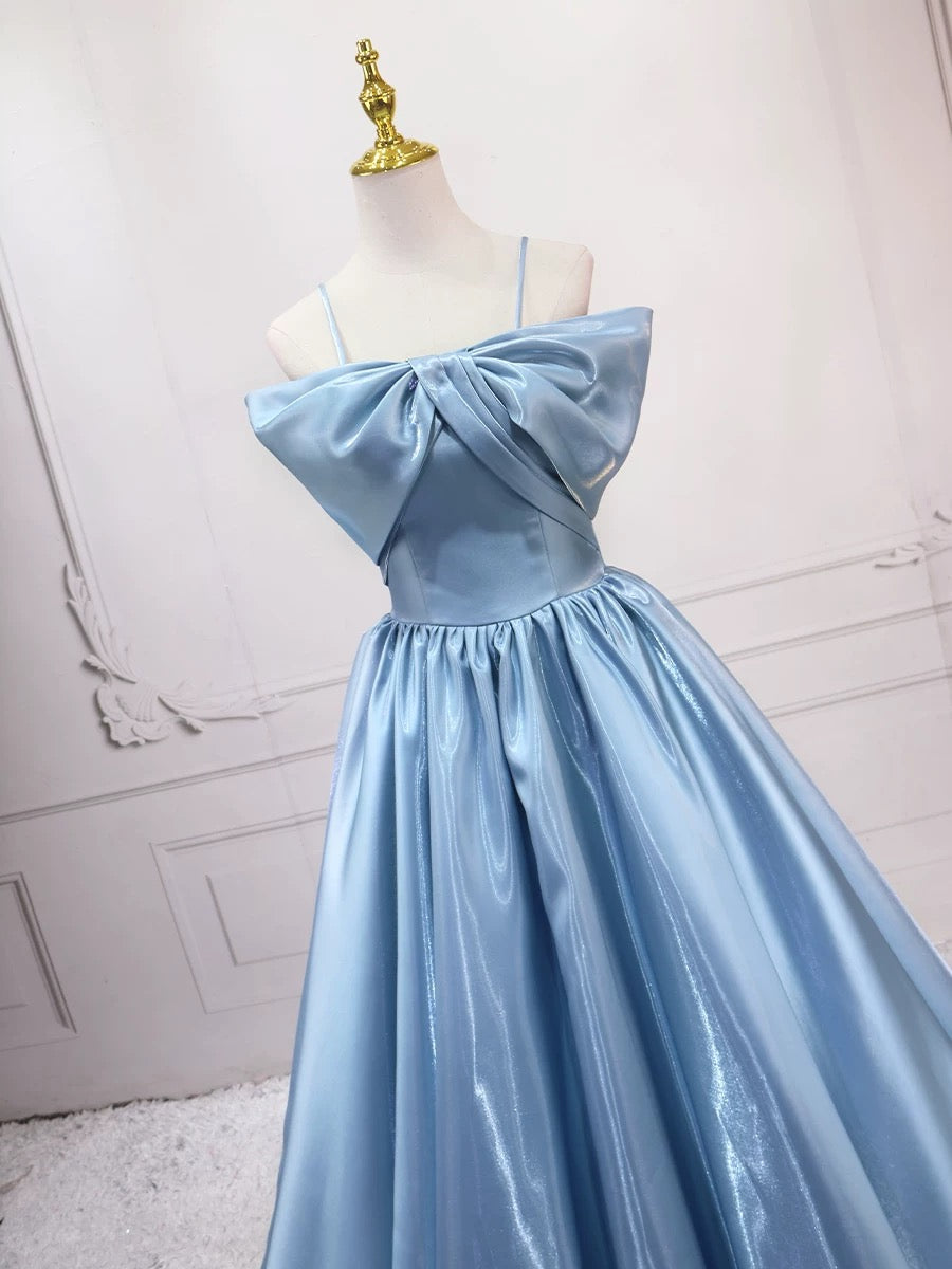 A-Line Satin Blue Long Prom Dress, Blue Long Formal Dress