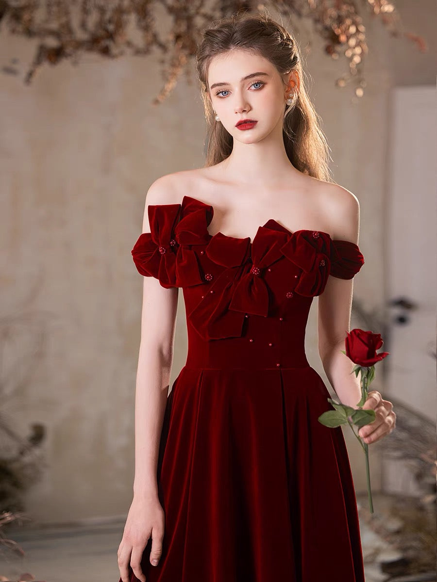 A-Line Off Shoulder Velvet Burgundy Long Prom Dress, Burgundy Long For – shopluu