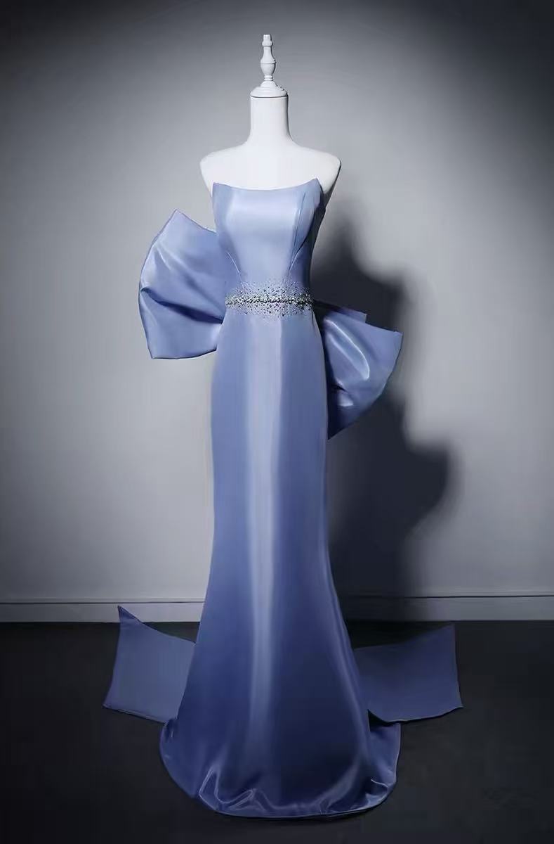 Mermaid Satin Beads Blue Long Prom Dress with Bow