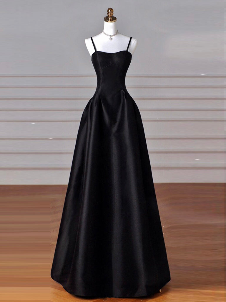 A-Line  Satin Black Long Prom Dress, Black Long Evening Dress