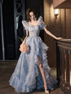 A-Line Off Shoulder Tulle Blue Long Prom Dress, Blue Long Formal Dress